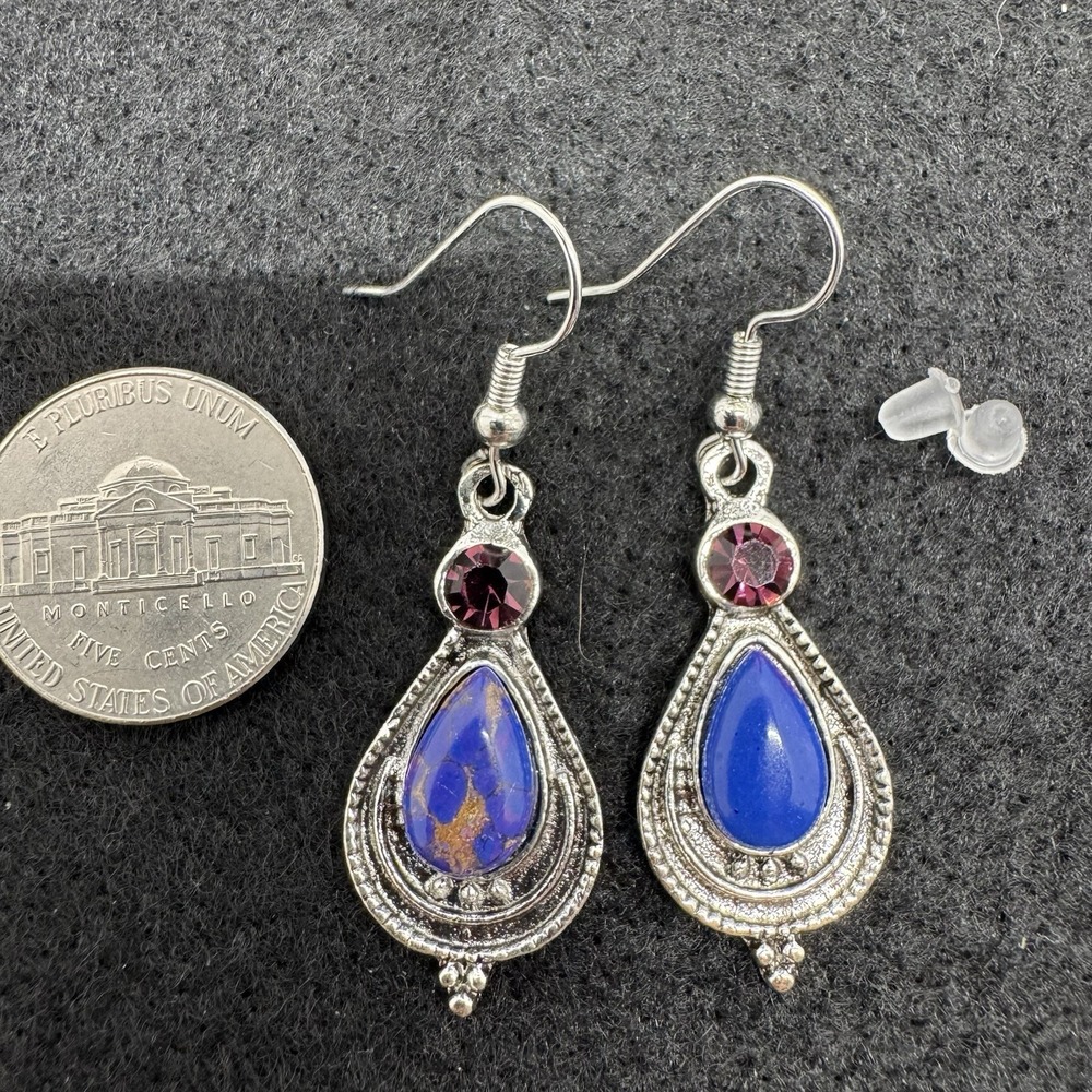Blue Purple Teardrop Dangle Earrings Silver Tone Red Rhinestone NWOT